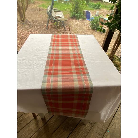 Table Runner  Pumpkin / Paprika Orange w Plaid includes sage green & white EUC - Picture 1 of 11